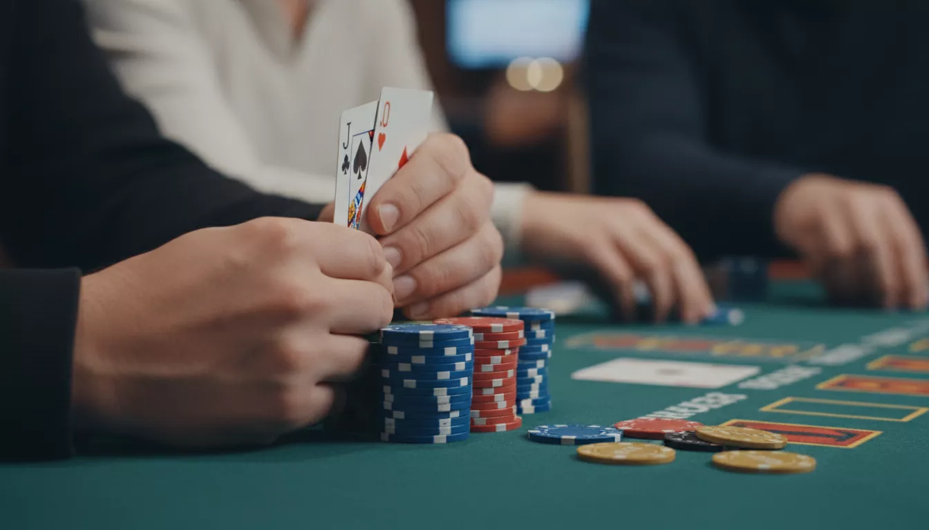 Gros plan sur les mains d'un joueur de blackjack tenant ses cartes avec des jetons devant lui sur une table de casino.