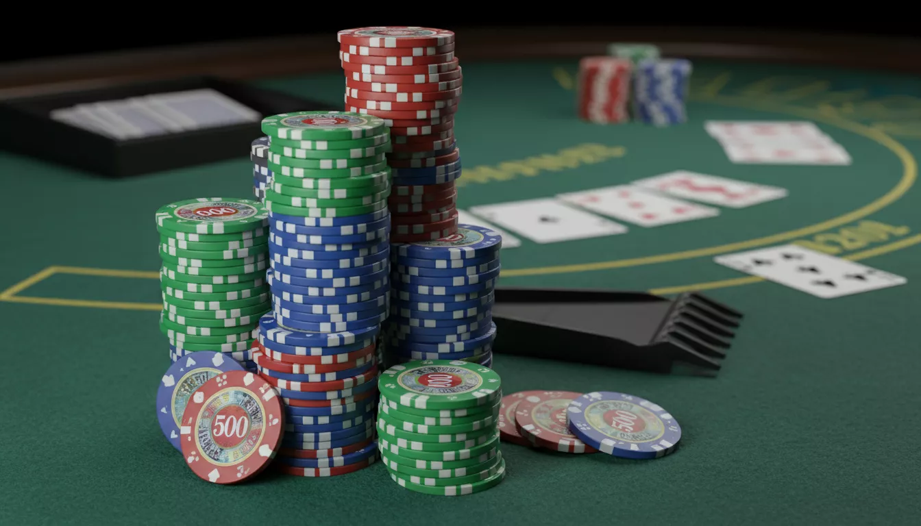 Jetons de casino empilés sur une table de jeu avec des cartes de blackjack floues en arrière-plan