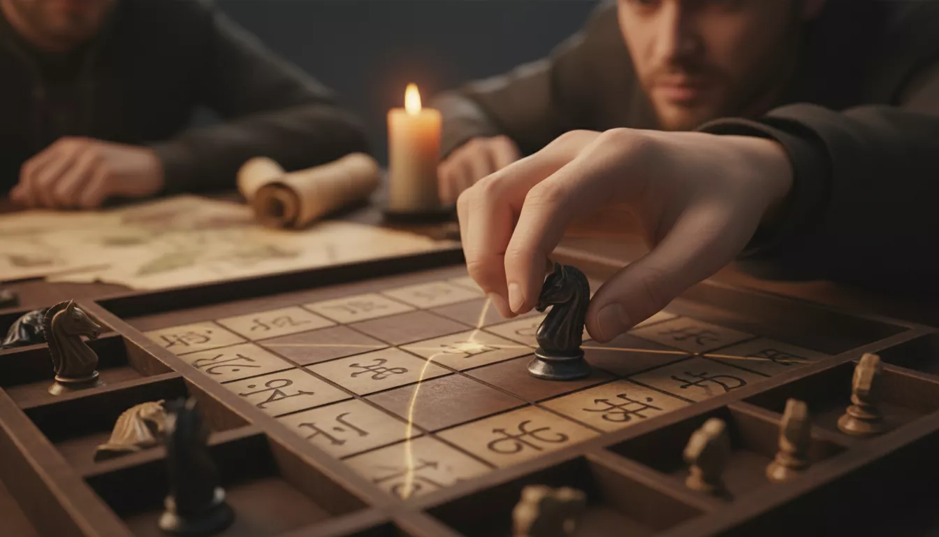 Main d'un joueur déplaçant un pion sur un plateau de jeu stratégique, symbolisant la prise de décision réfléchie