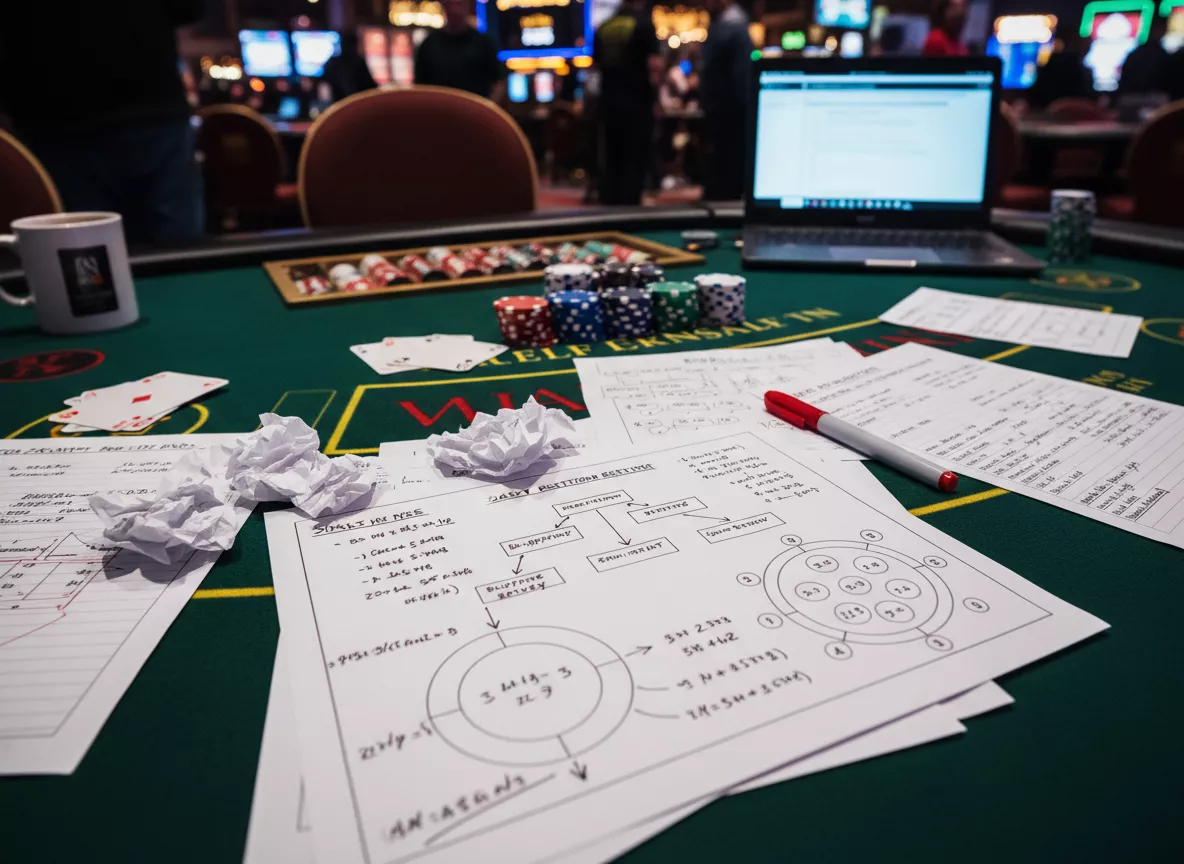 Table de jeu de casino avec des notes de stratégies et des diagrammes, illustrant la planification tactique pour gagner au casino.