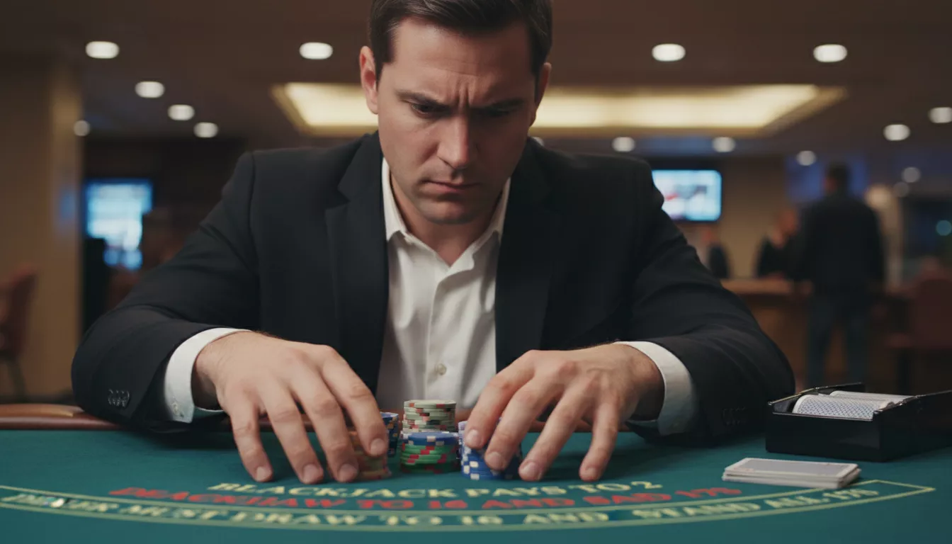 Un homme aux traits concentrés, posant des jetons sur une table de blackjack, avec un regard déterminé et réfléchi, symbolisant une prise de décision stratégique.