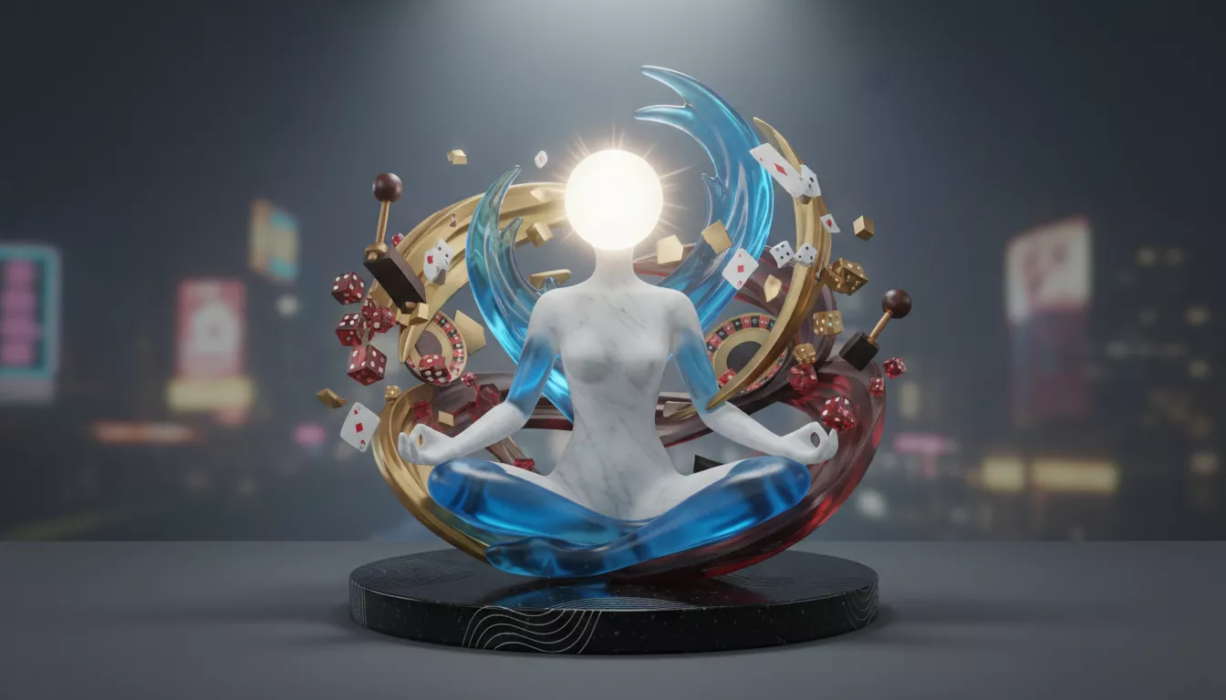Une figure abstraite représentant la concentration et la sérénité au milieu d'éléments symbolisant le jeu de casino, avec un focus sur la clarté mentale.