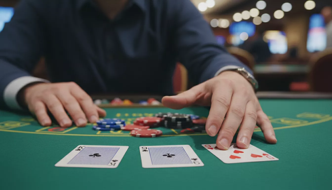 Une main de joueur de blackjack posée sur une table verte de casino, avec des jetons et des cartes, symbolisant la prise de décision stratégique.