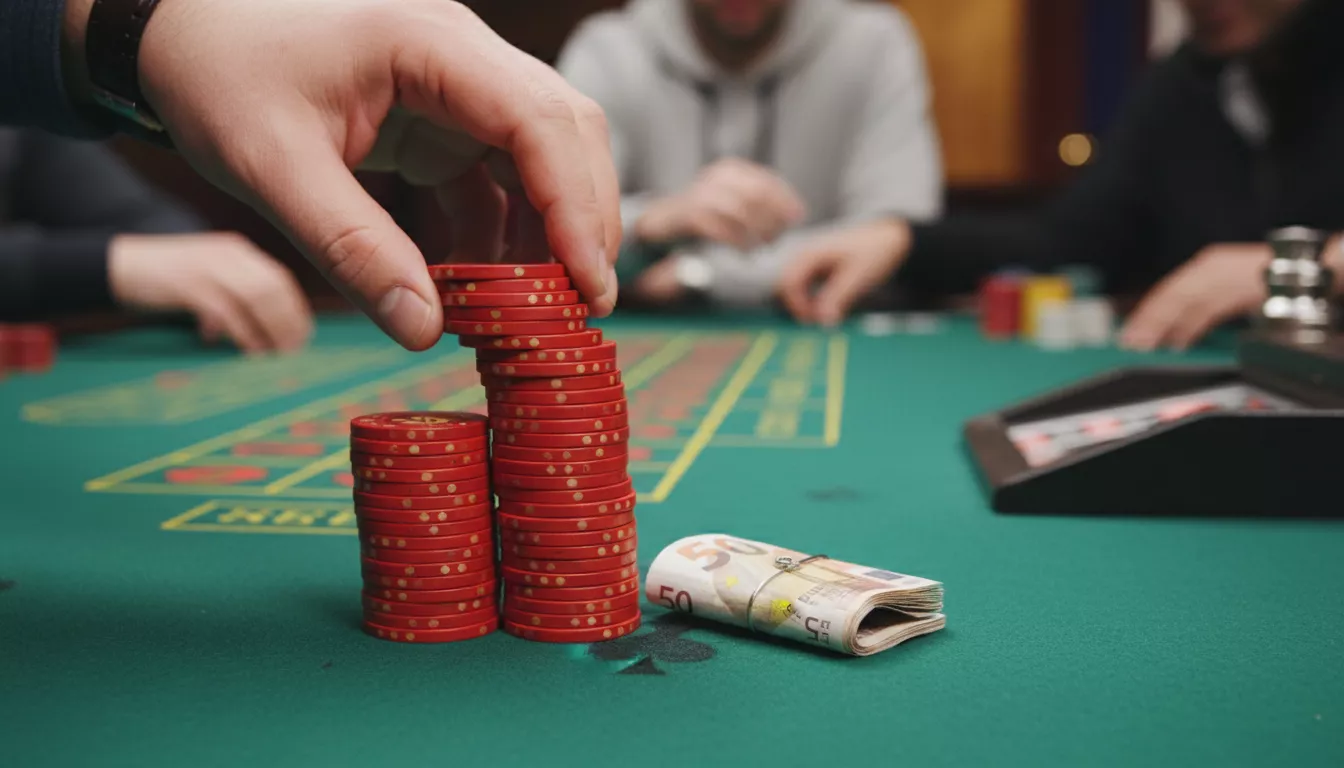 Une main dépose une pile de jetons de casino rouges sur une table verte à côté d'une petite liasse de billets de 50 euros.