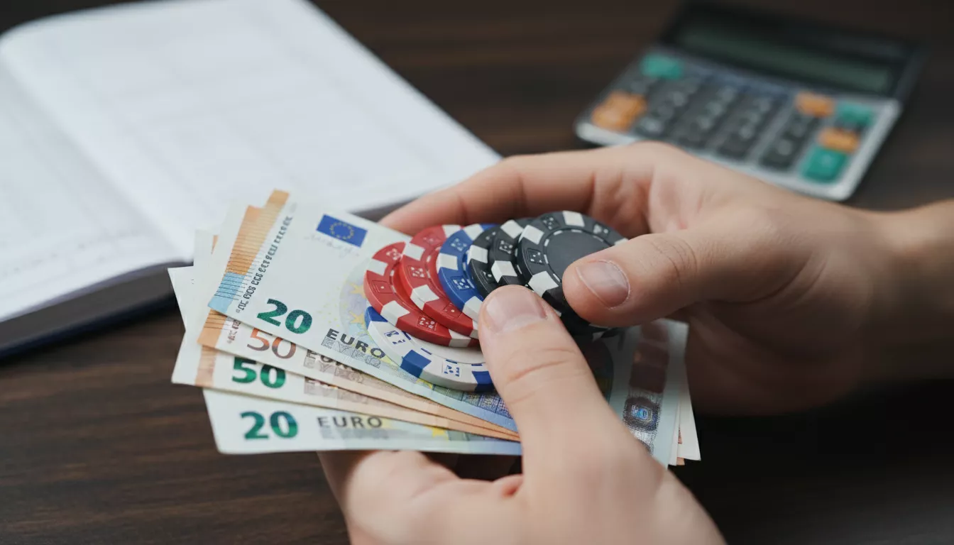 Une main tenant des jetons de casino et quelques billets de banque, symbolisant la planification et le contrôle des dépenses de jeu.