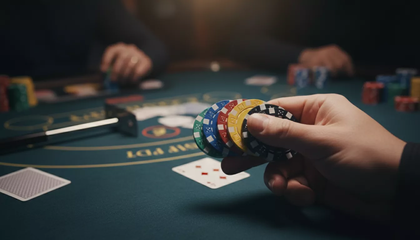 Une main tenant des jetons de poker colorés devant une table de jeu de casino faiblement éclairée, symbolisant la décision stratégique et la chance.