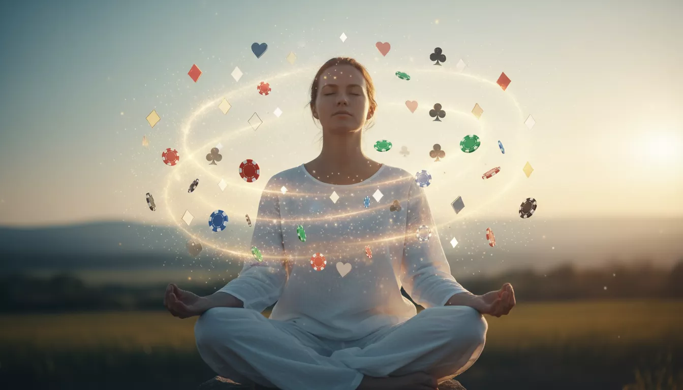 Une personne en posture de méditation, les yeux fermés, des symboles de cartes à jouer et de jetons de casino flottant calmement autour de sa tête, symbolisant la concentration et la paix intérieure.