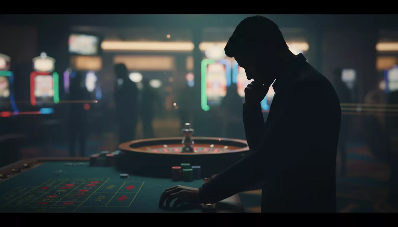 Une silhouette pensive devant une table de roulette, symbolisant la réflexion face aux décisions de jeu et aux erreurs potentielles.